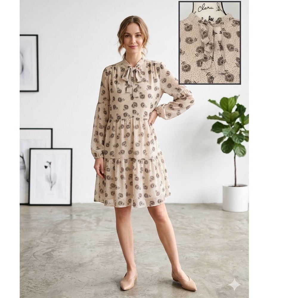 Luxology Tan Floral Polka Dot Tie Neck Tiered‎ Shift Dress Long Sleeve Large